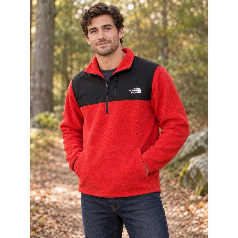 The North Face Denali Mens M Half Zip Red Black Fleece Pullover Jacket Hiking